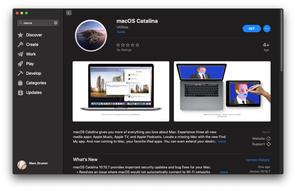 Mac App Store showing macOS Catalina